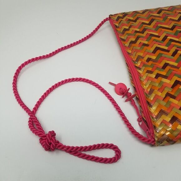 Colored Woven Rattan Handbag with Satin Cord Handle. - Picture 3 of 11